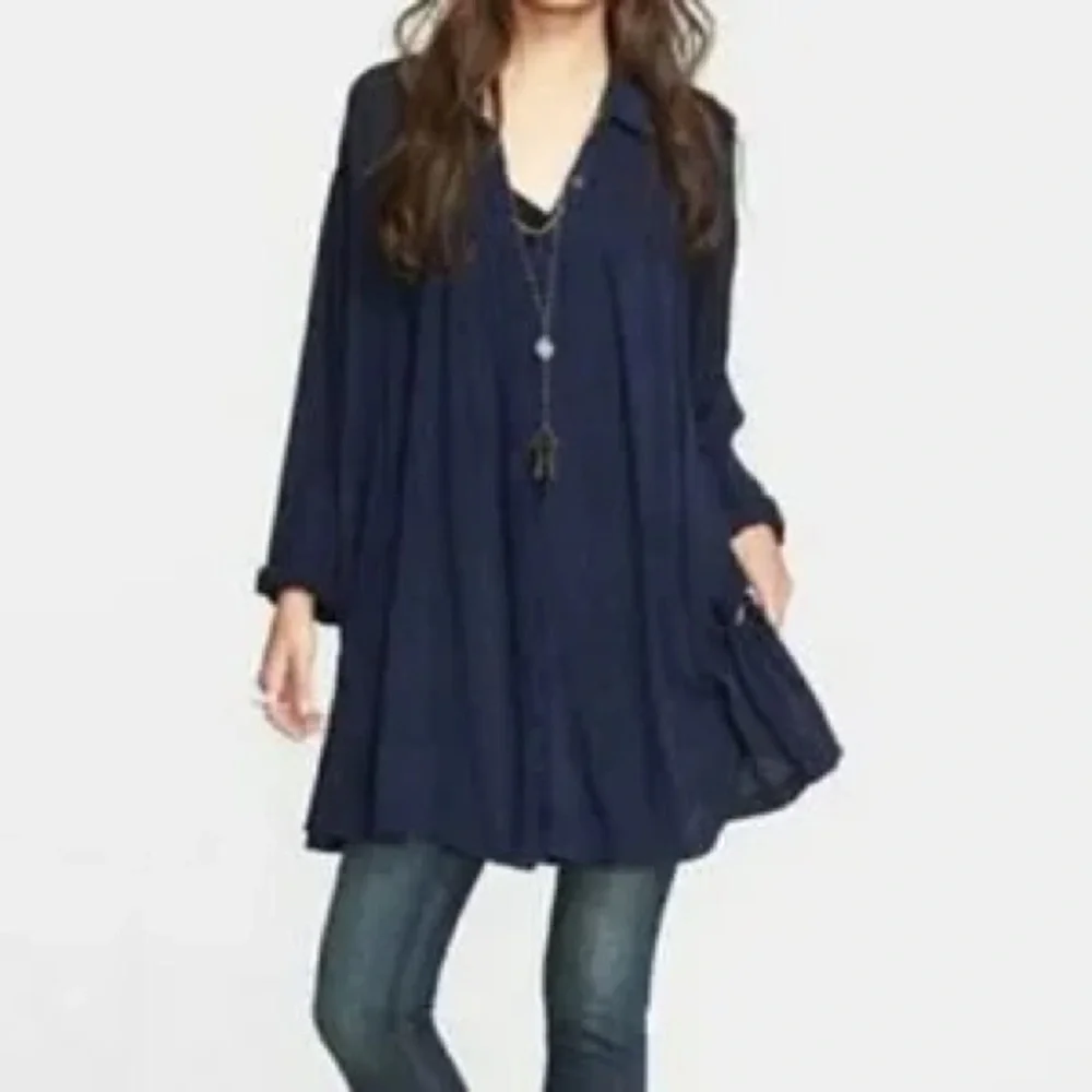 Free People Spin Me Boho Oversized Button-Up Tunic Shirt Dress - Sz S - Picture 7 of 10
